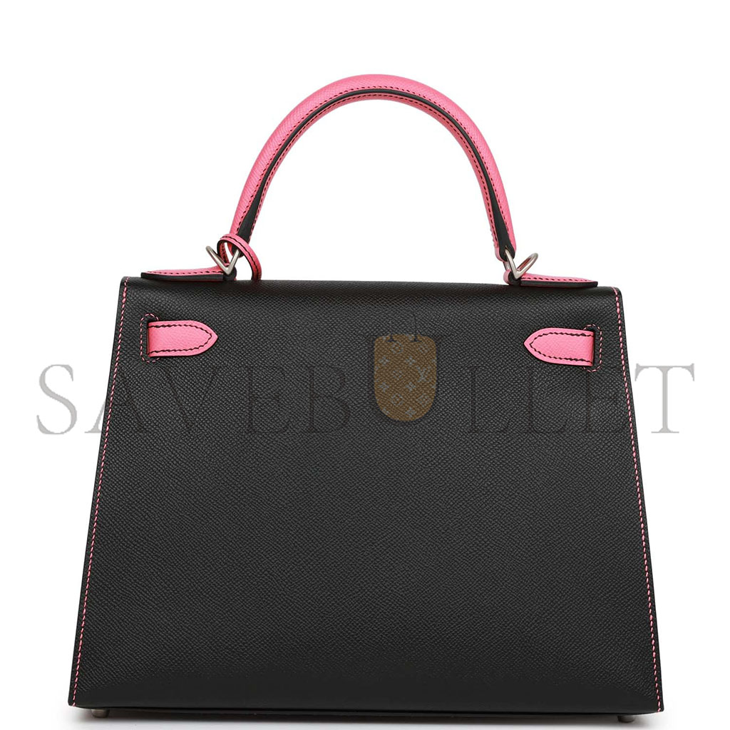 HERMÈS MASTER KELLY 25 BLACK AND ROSE AZALEE EPSOM HARDWARE (25*17*7cm) 